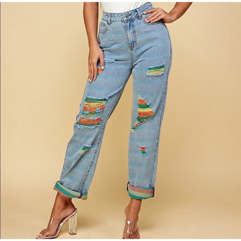 Shop Michella Women High Waisted Distressed Colorful Light Wash Denim Jeans Sz L